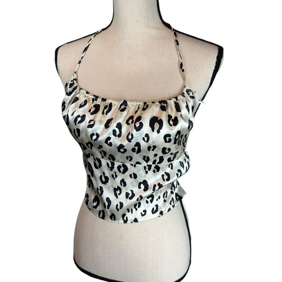 NWT Reformation Wade Silk Leopard Print Open Back Halter Top Medium Cream Black - Picture 5 of 11